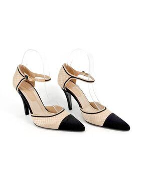 Chanel Vintage Beige Black Cap Toe D’Orsay Pumps Heel Size 37.5 US 6.5–7 Quilted